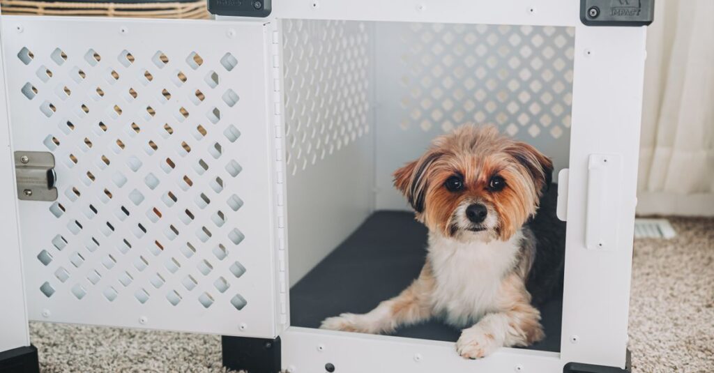 A cute small dog sitting comfortably inside a modern white pet crate on a soft carpet.