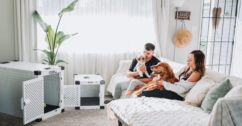 Couple relaxing with pets in a modern living room showcasing durable dog crates.