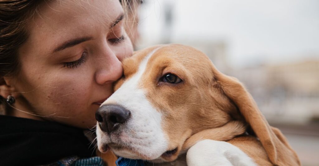 A close-up of a woman lovingly hugging a beagle outdoors, showcasing warmth and friendship.