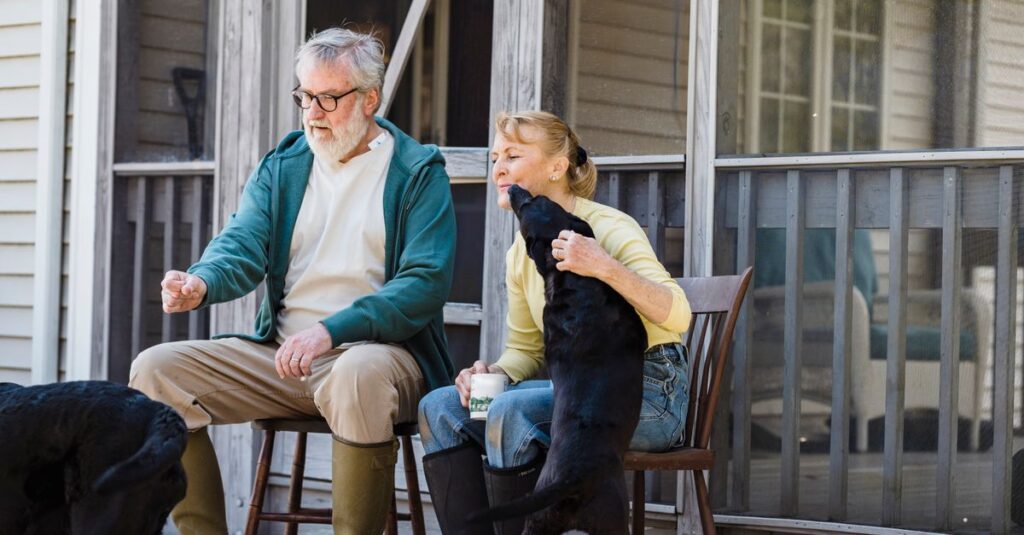 A senior couple enjoys a moment with their dogs on the porch, expressing joy and companionship.