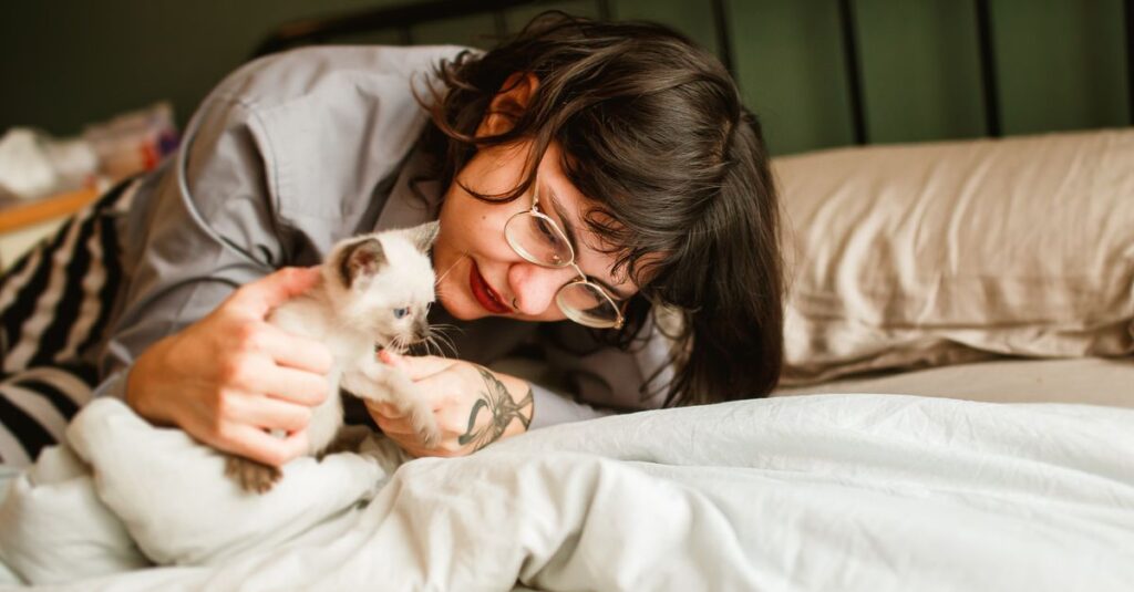 A woman lovingly playing with her Siamese kitten on a bed.