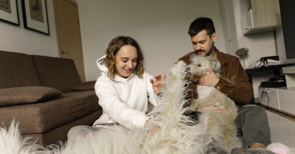 A couple playfully interacting with their two dogs inside a cozy living room.